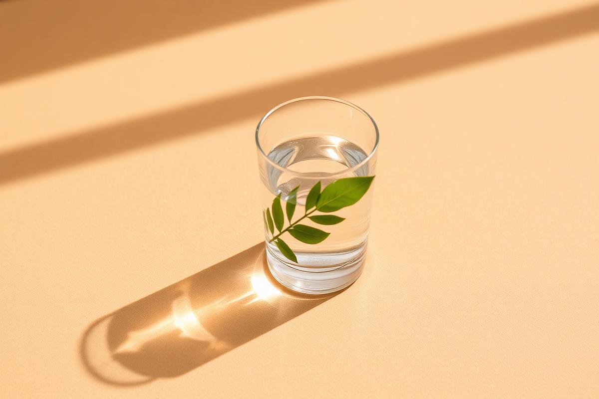 Minimalistické zátišie s pohárom vody a zeleným listom